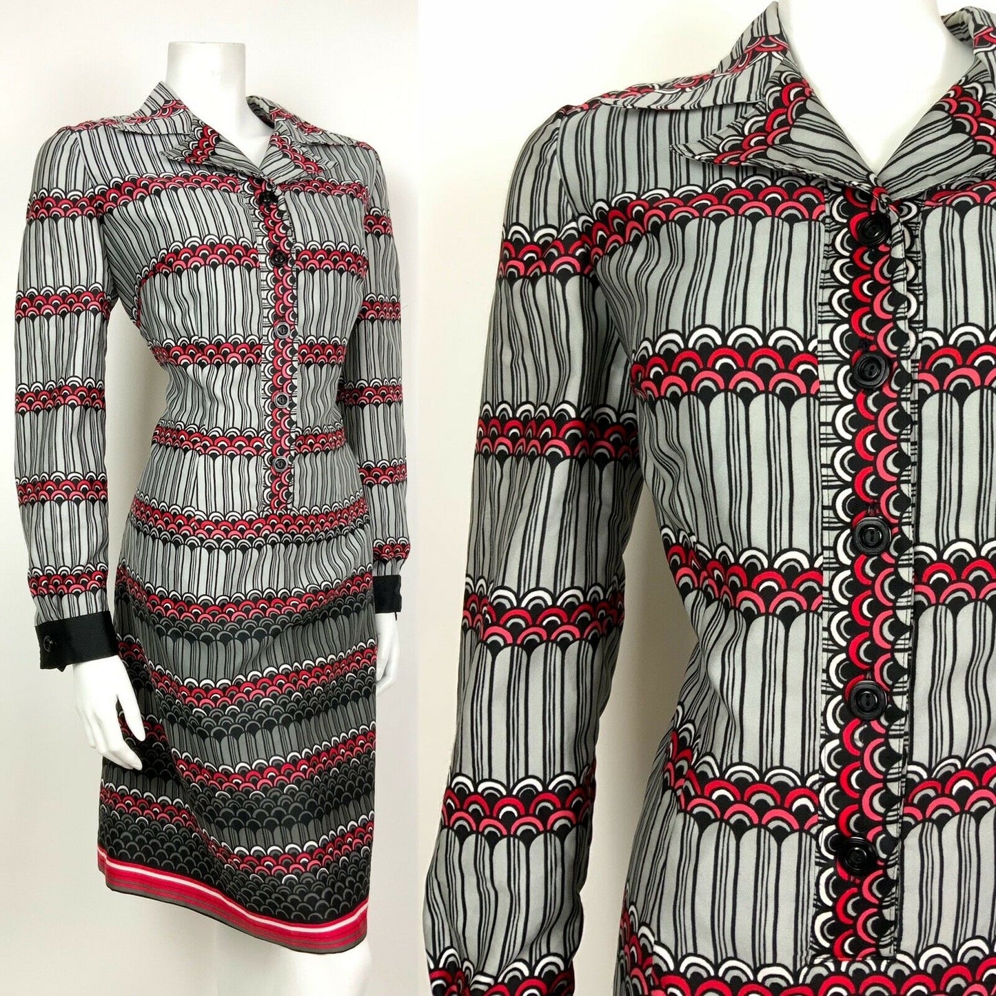 VINTAGE 60s 70s SILVER PINK RED BLACK STRIPED SCALES SHIRT SHIFT DRESS 12 14