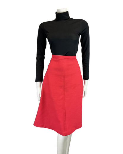 VINTAGE 60s 70s BRIGHT RED MOD KNEE-LENGTH FLARED SKIRT 12 14