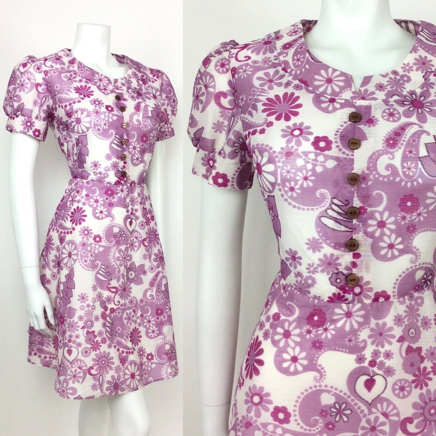 VINTAGE 60s 70s FLORAL PAISLEY PURPLE WHITE LILAC SHEER SUMMER DRESS 12 14