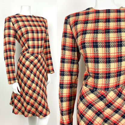 VINTAGE 60s 70s BEIGE BLUE RED PLAID TARTAN SWING FLARED MOD DRESS 14 16