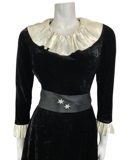 VTG 60s 70s BLACK VELVET CREAM EDWARDIAN MOD PARTY CHRISTMAS EVENING DRESS 8