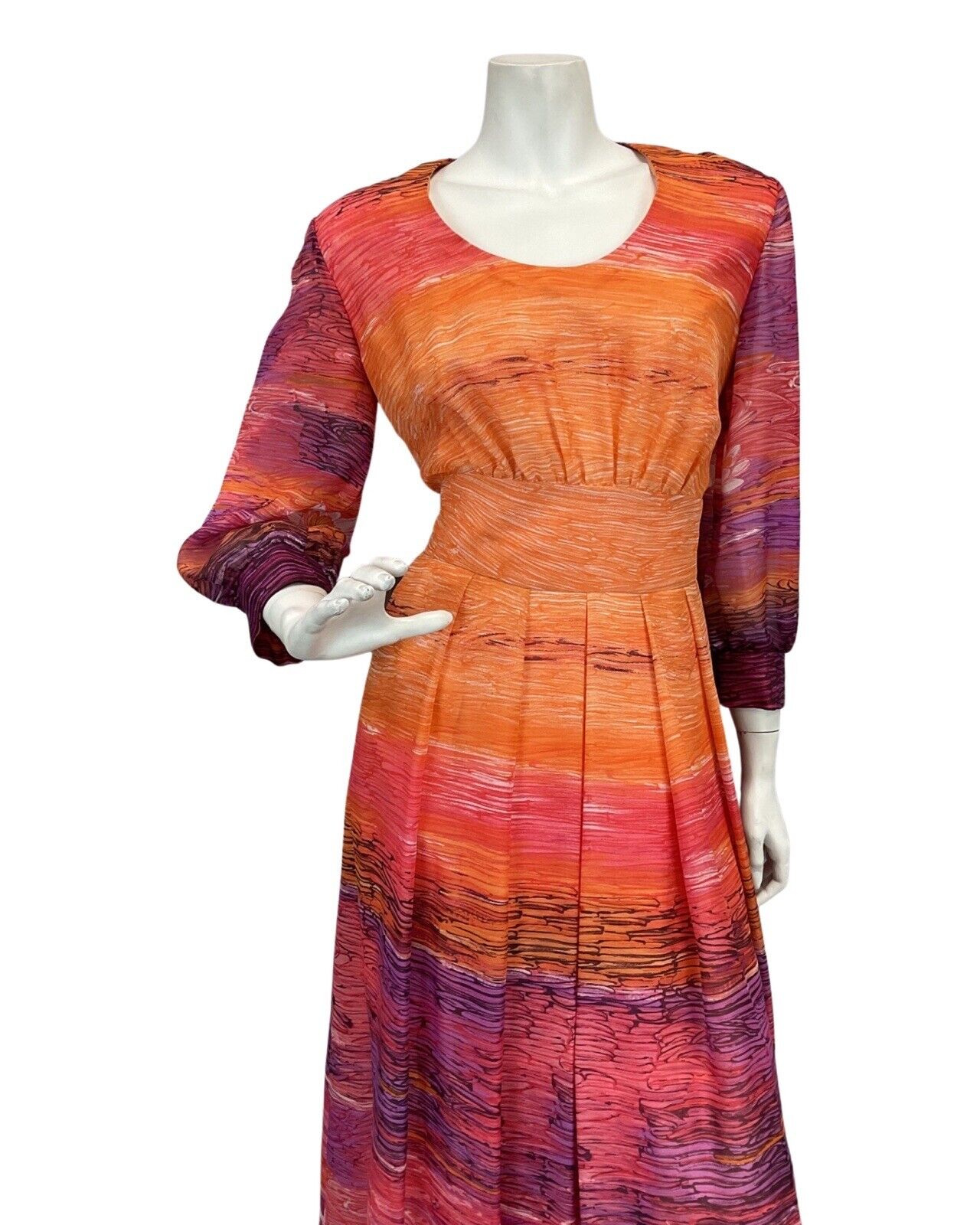 VTG 60s 70s ORANGE PINK PURPLE SUNSET FLORAL BOHO FOLK MAXI DRESS 12 14