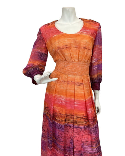 VTG 60s 70s ORANGE PINK PURPLE SUNSET FLORAL BOHO FOLK MAXI DRESS 12 14