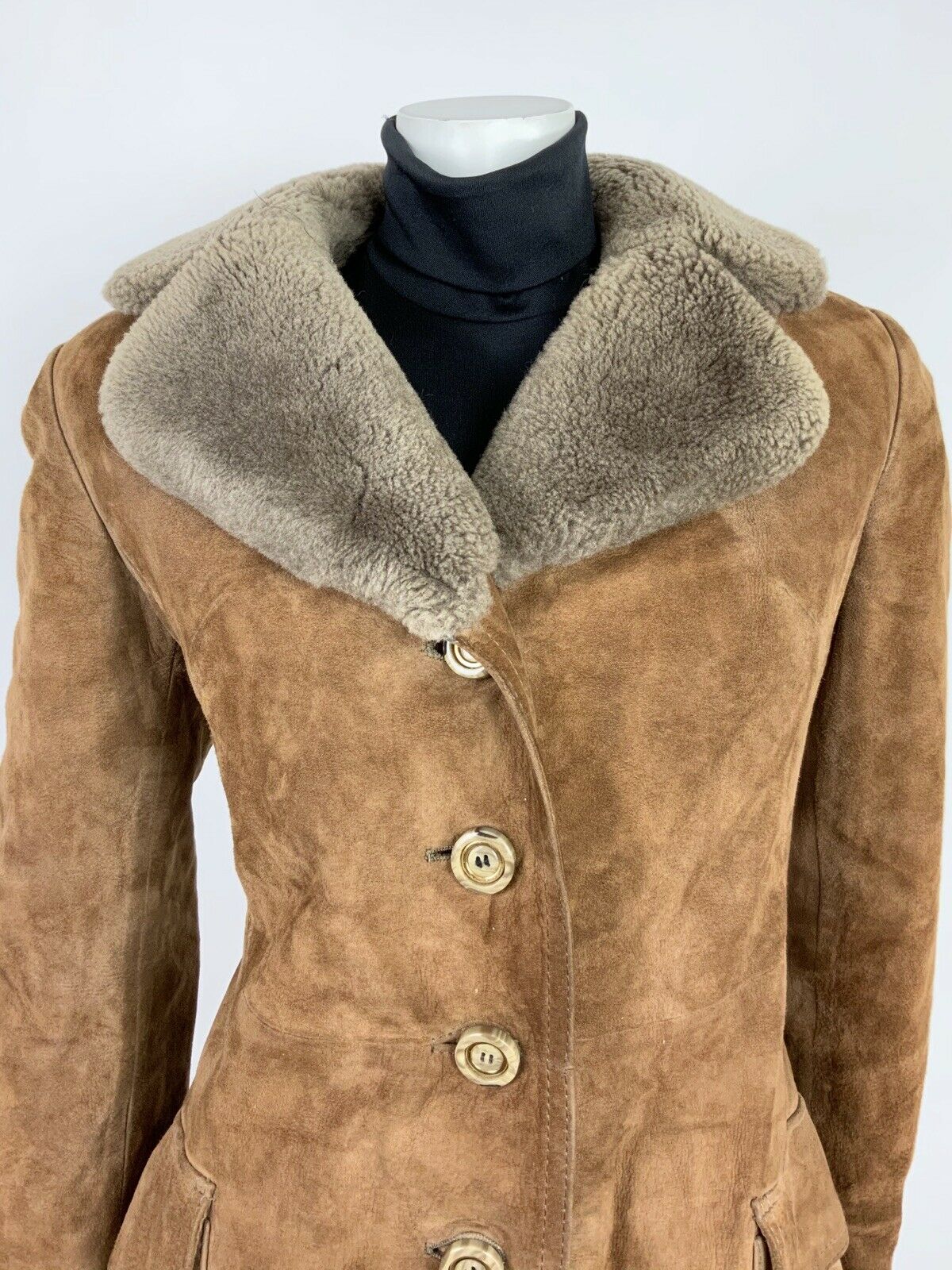 VTG 60s 70s CARAMEL BROWN GREY FAUX FUR SUEDE LEATHER BOHO SHEARLING COAT 10 12