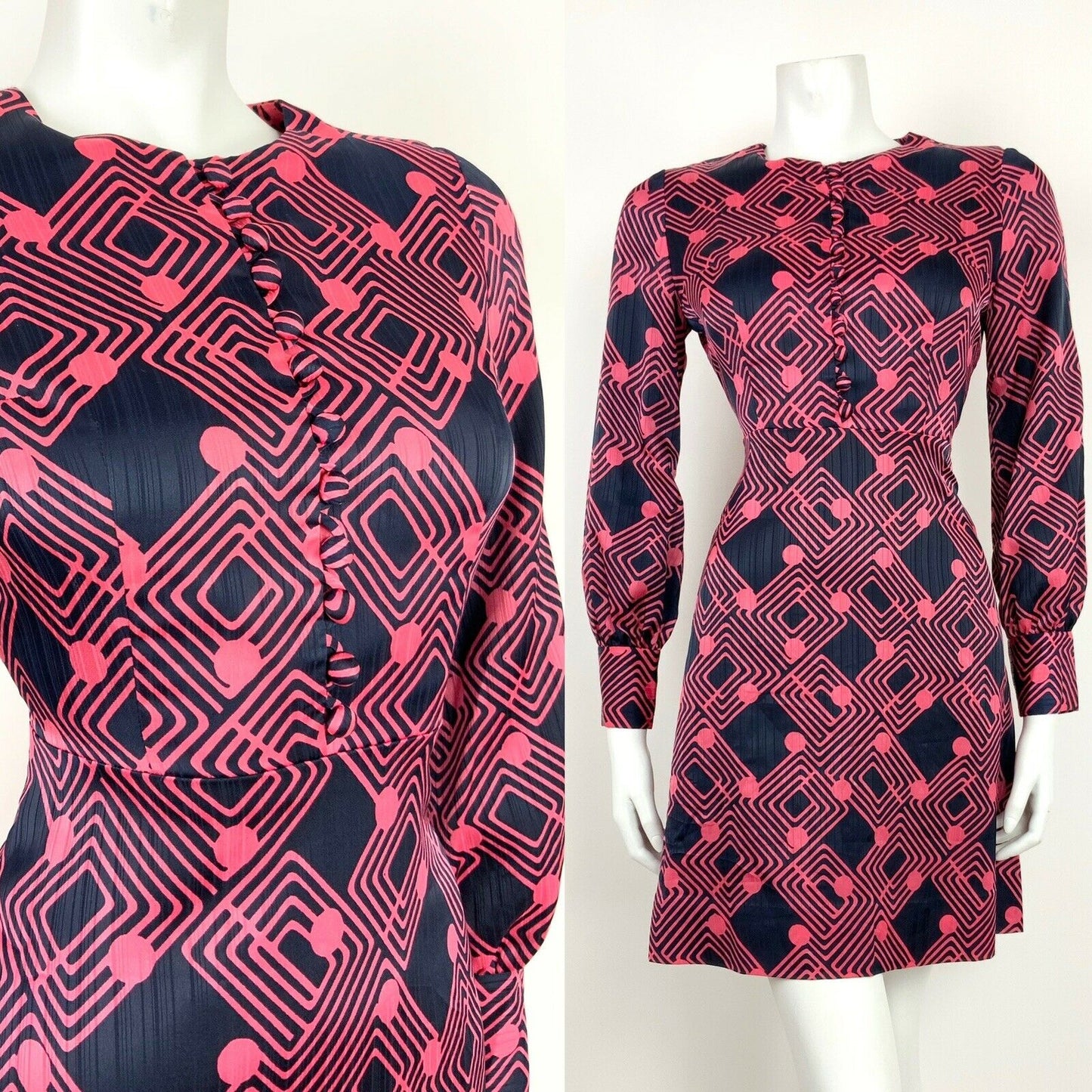 AMAZING VINTAGE 60s 70s NAVY BLUE PINK GEOMETRIC LATTICE MOD DRESS 10