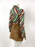 VINTAGE 60s 70s BLACK WHITE GREEN RED HOUNDSTOOTH STRIPED MOD DAGGER SHIRT 10 12