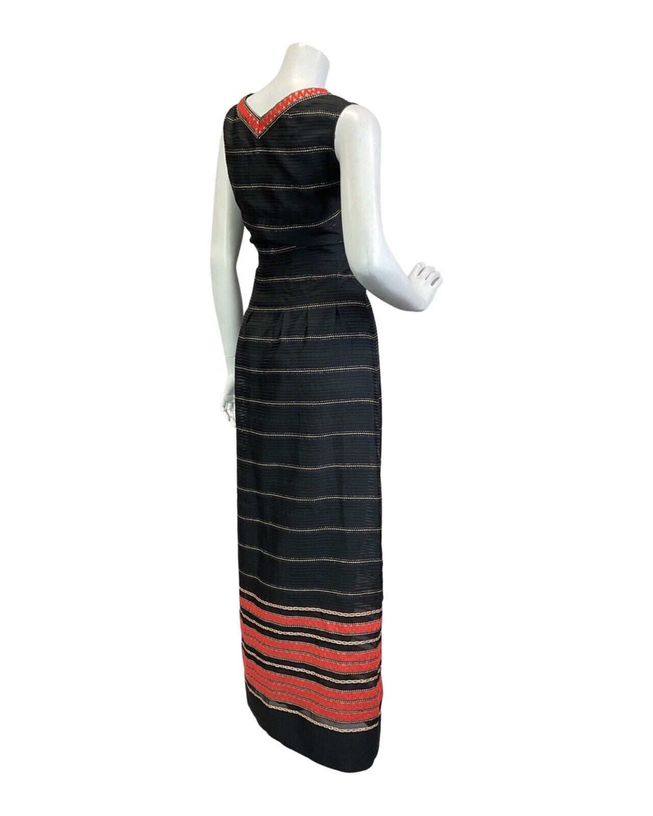 VINTAGE 60s 70s BLACK ORANGE GOLD DISCO STRIPED SLEEVELESS MAXI DRESS 10