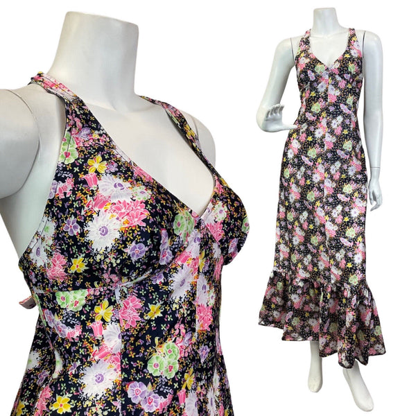 VINTAGE 60s 70s BLACK PINK YELLOW FLORAL DITSY RUFFLED HALTER MAXI DRESS 8 10