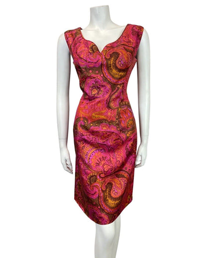 VINTAGE 60s 70s PINK PURPLE ORANGE PSYCHEDELIC FLORAL PAISLEY WIGGLE DRESS 12 14