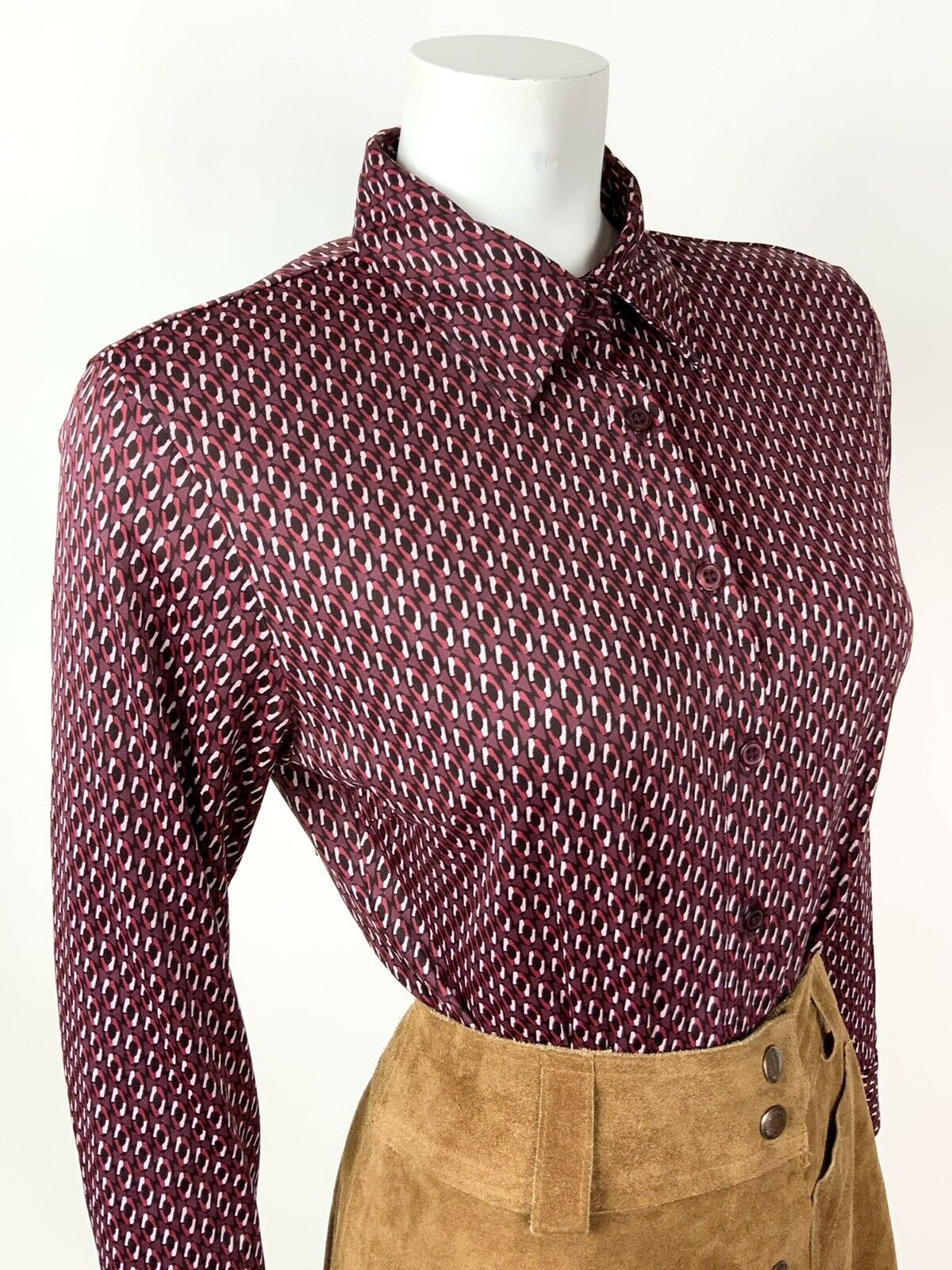 VINTAGE 70s STYLE 90s WINE RED PINK WHITE GEOMETRIC MOD SHIRT BLOUSE 12 14