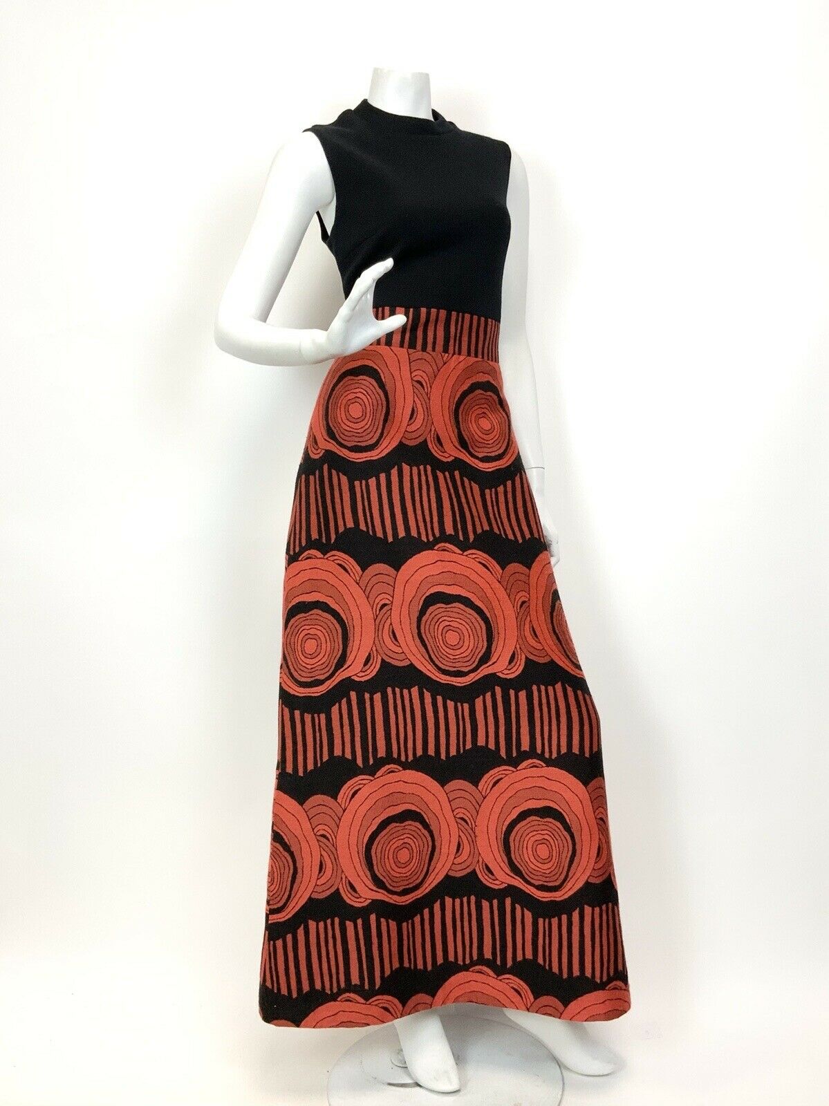 VTG 60s 70s BLACK ORANGE PSYCHEDELIC GEOMETRIC SLEEVELESS MOD MAXI DRESS 8 10