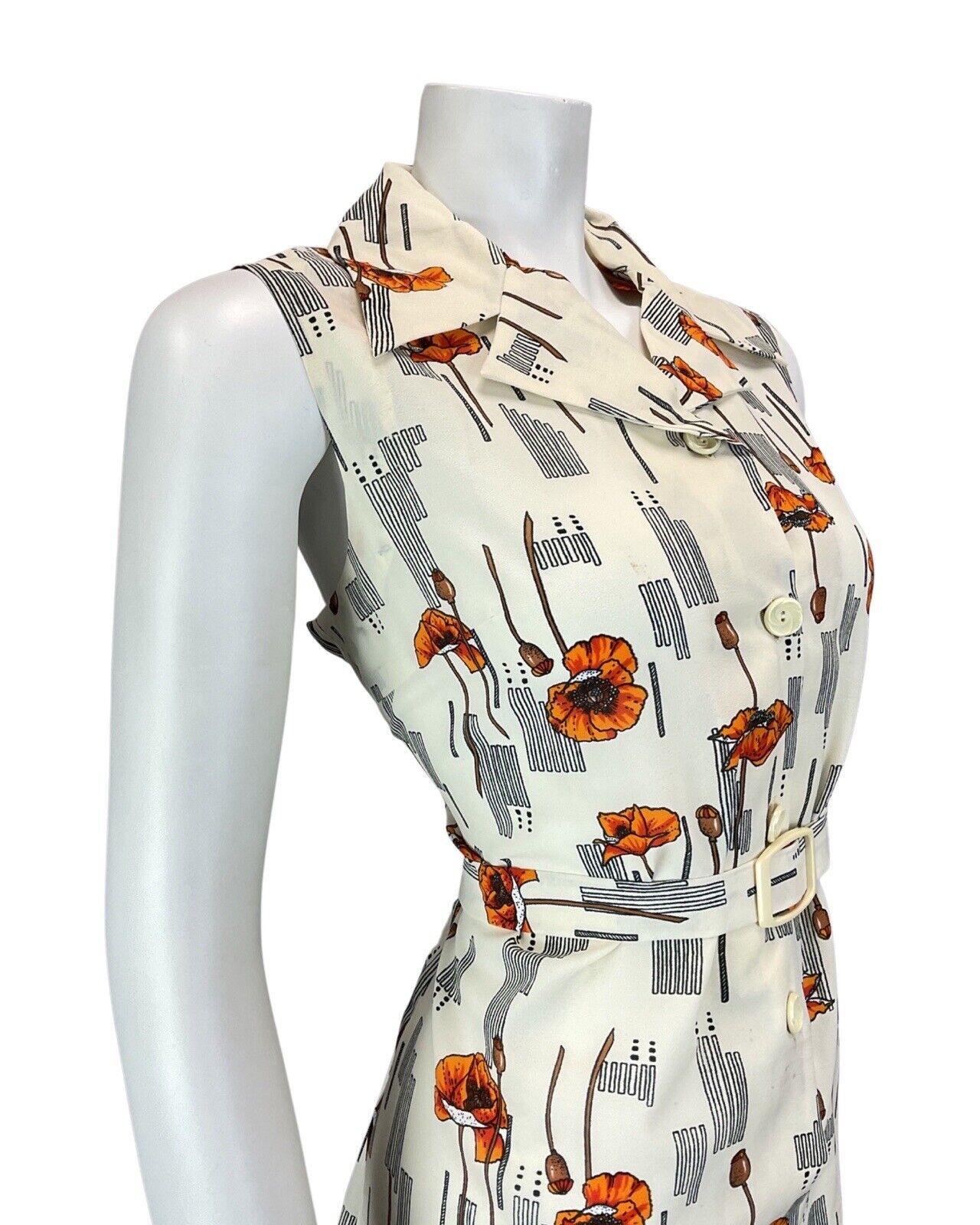 VINTAGE 60s 70s CREAM RED BLACK POPPY FLOWER SLEEVELESS MIDI SHIRT DRESS 14 16