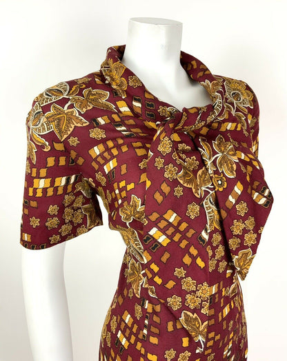 VINTAGE 60s 70s RED BROWN GOLD BLACK FLORAL PAISLEY SQUARE SHIFT DRESS 14 16