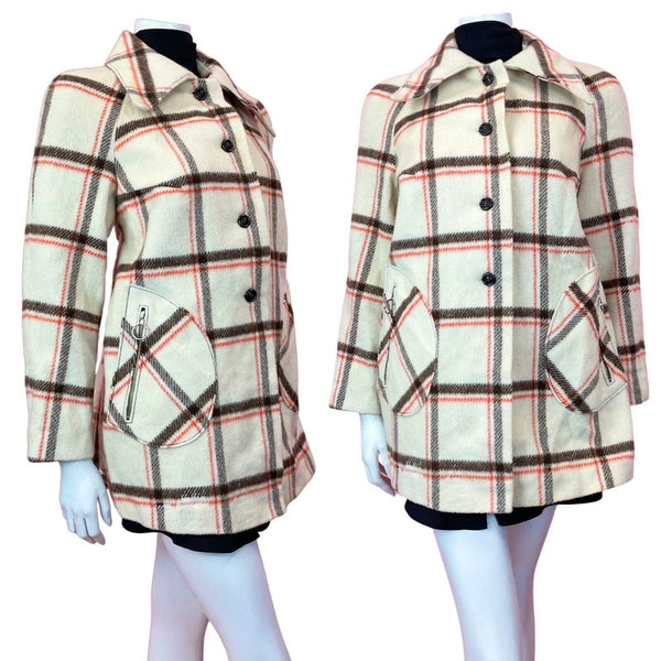 VINTAGE 60s 70s CREAM BROWN ORANGE GRID CHECKED MOD DAGGER SWING COAT 12 14 16