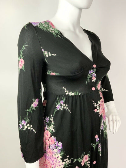 VINTAGE 60s 70s BLACK PASTEL PINK PURPLE GREEN FLORAL BOUQUET MAXI DRESS 14 16