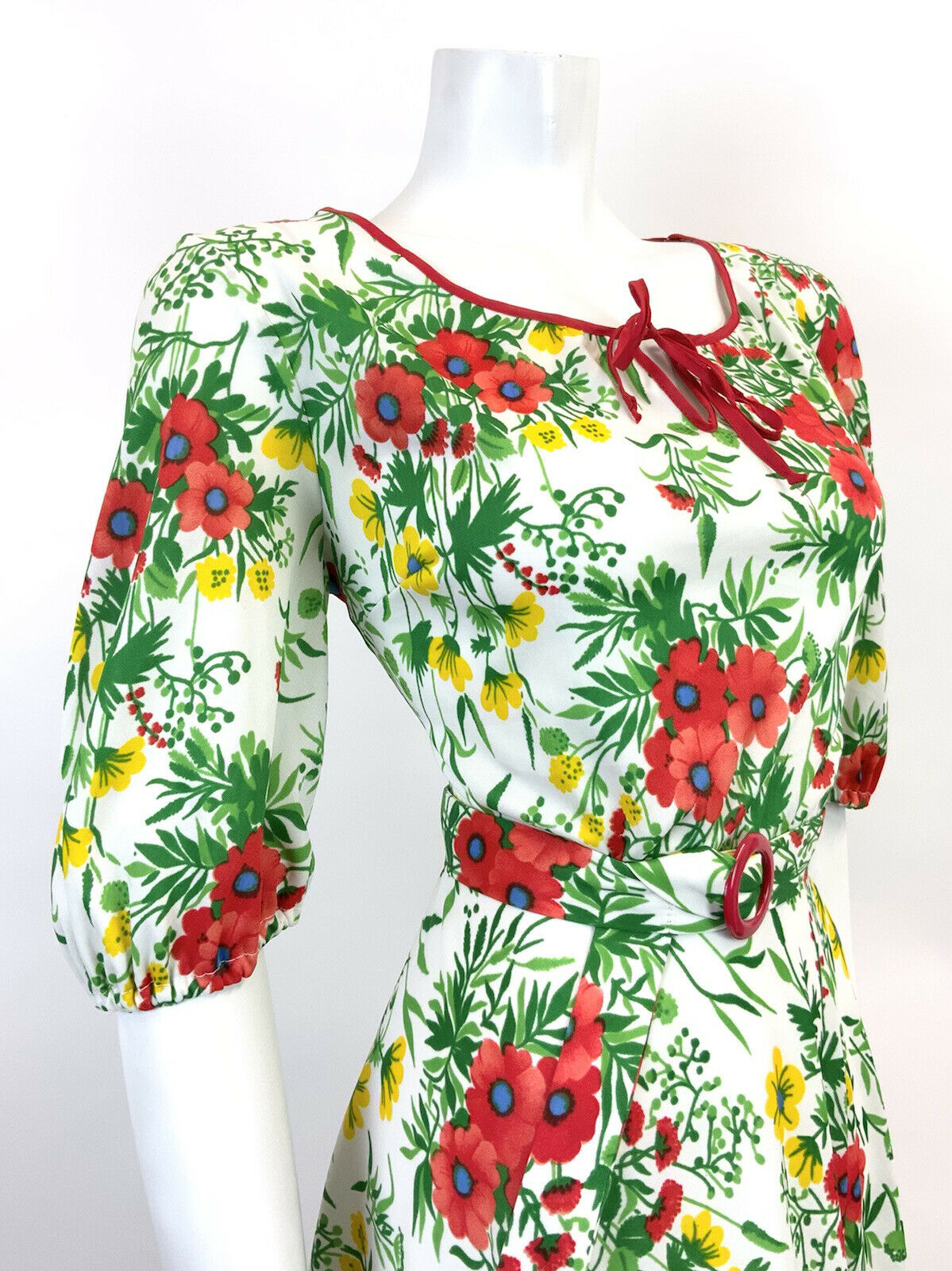 VINTAGE 60s 70s WHITE GREEN RED YELLOW FLORAL GARDEN PARTY BLOUSON DRESS 10