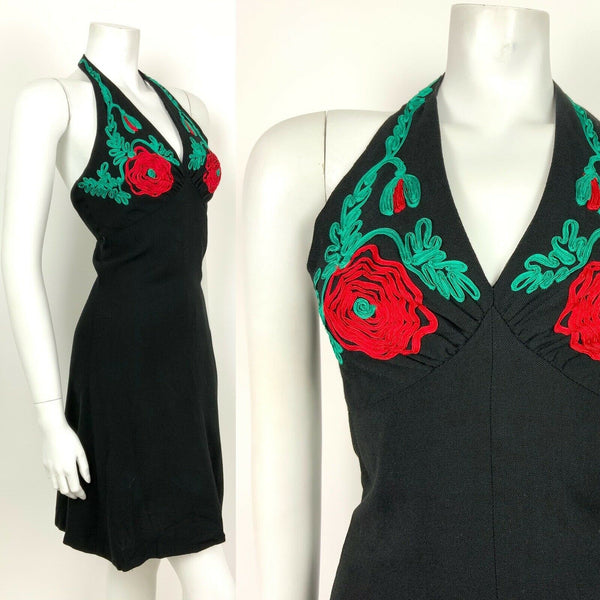 VINTAGE 60s 70s BLACK METALLIC RED GREEN FLORAL ROSE EMBROIDERY HALTER DRESS 6 8