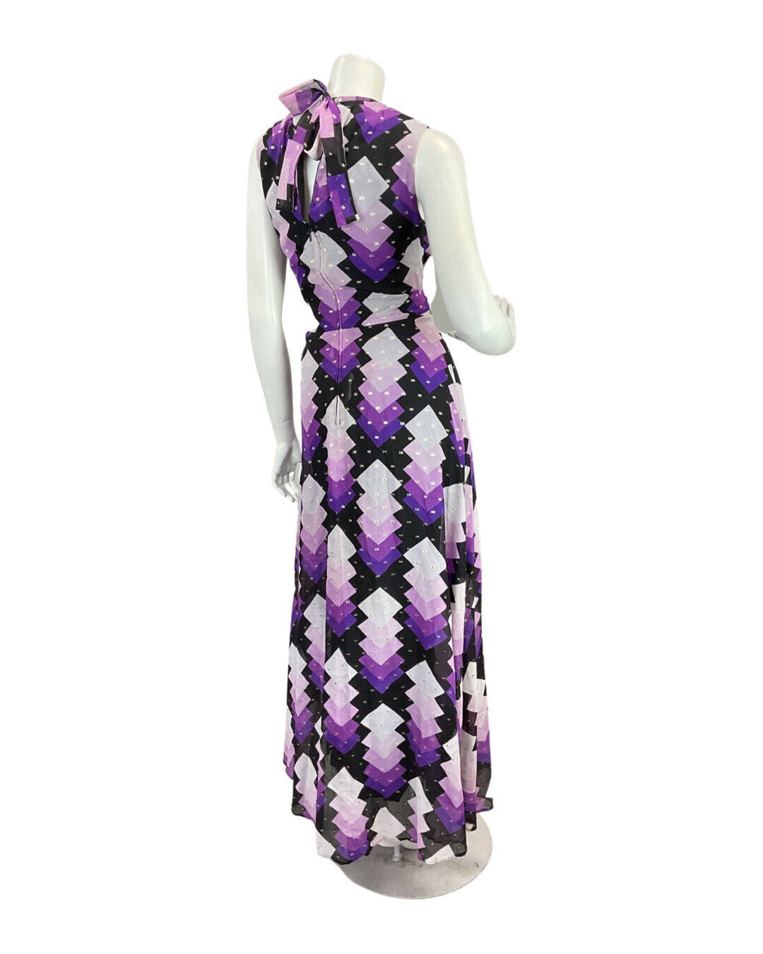 VINTAGE 60s 70s PURPLE BLACK SILVER DIAMOND GEOMETRIC MOD MAXI DRESS 10