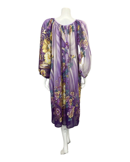 VINTAGE 60s 70s PURPLE LILAC YELLOW FLORAL BOHO SHEER MIDI DRESS 10 12 14 16 18