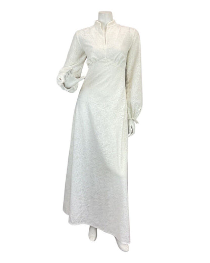 VTG 60s 70s WHITE EMBROIDERED FLORAL SWIRL WEDDING BRIDAL PRAIRIE MAXI DRESS 10