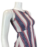 VINTAGE 60s 70s WHITE RED BLUE STRIPED POLKA-DOT DAISY SLEEVELESS MOD DRESS 6