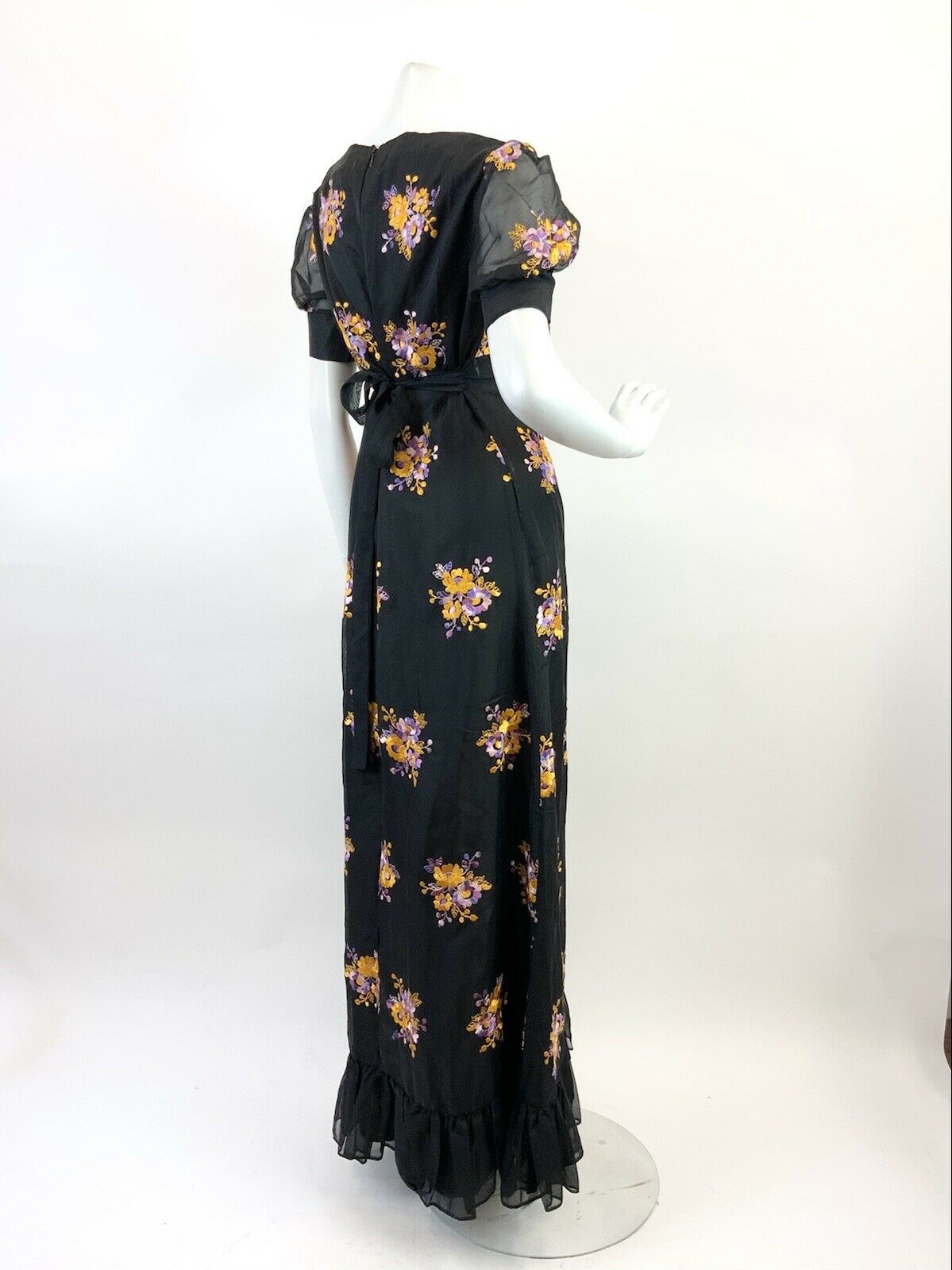 VINTAGE 60s 70s BLACK PURPLE YELLOW EMBROIDERED FLORAL SHEER MAXI DRESS 12