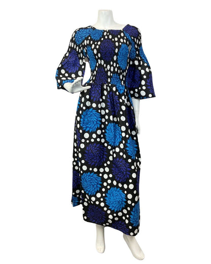 VINTAGE 70s BLUE BLACK WHITE POLKA-DOT FLORAL SHIRRED PSYCHEDELIC MAXI DRESS 6 8