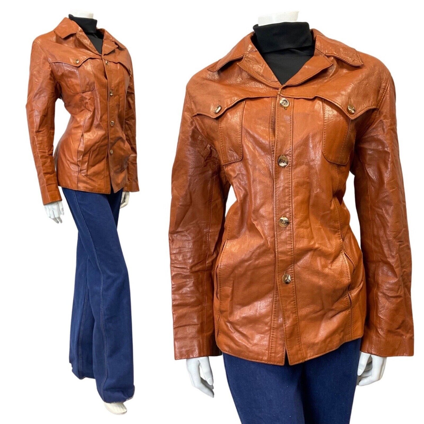 VINTAGE 60s 70s TAN BROWN WESTERN MOD LEATHER JACKET 14 16