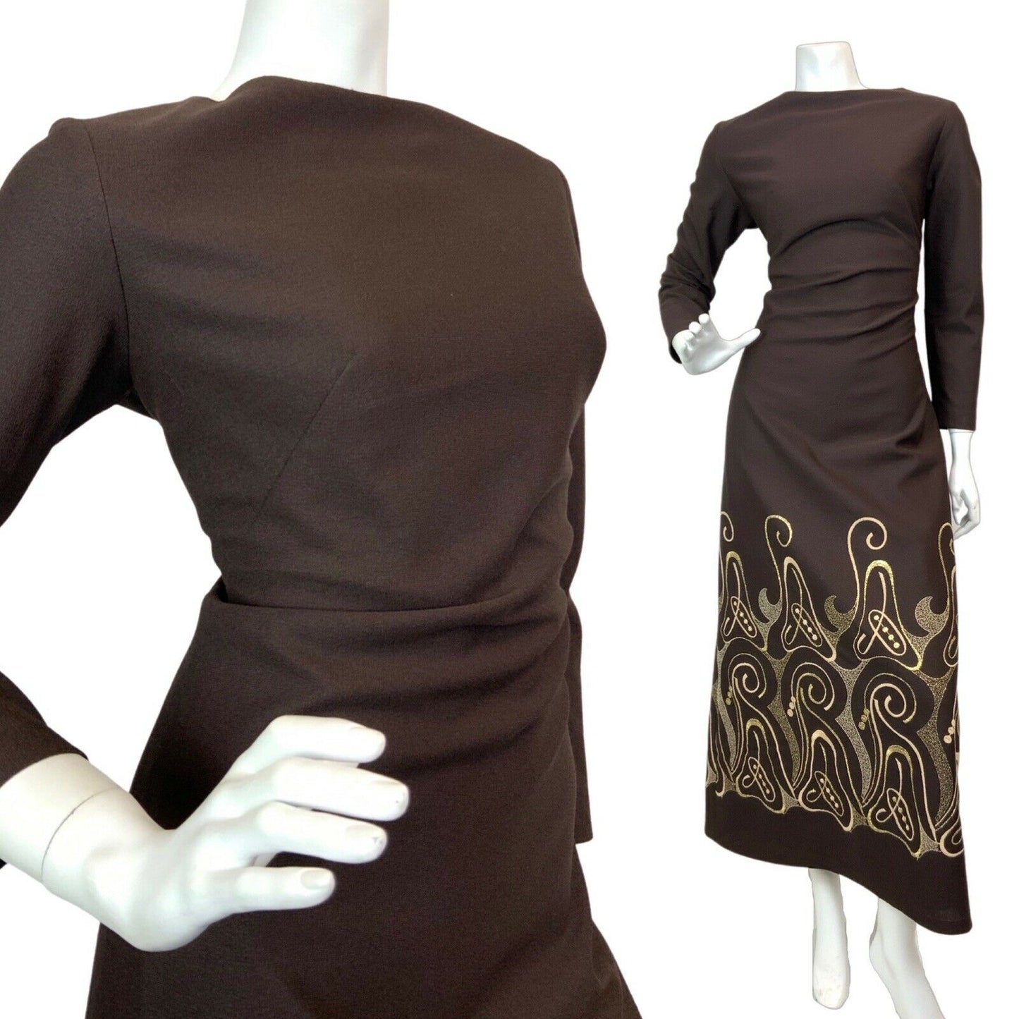 VINTAGE 60s 70s BROWN GOLD CREAM EMBROIDERED SWIRL GLAM MAXI DRESS 14