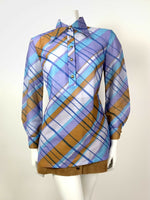 VTG 60s 70s PURPLE BLUE BRONZE CHECKED PLAID DAGGER COLLAR SHIRT BLOUSE 12 14