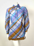 VTG 60s 70s PURPLE BLUE BRONZE CHECKED PLAID DAGGER COLLAR SHIRT BLOUSE 12 14