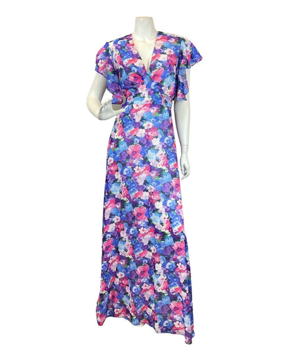 VINTAGE 60s 70s PURPLE BLUE PINK FLORAL PSYCHEDELIC FLOATY MAXI DRESS 10 12