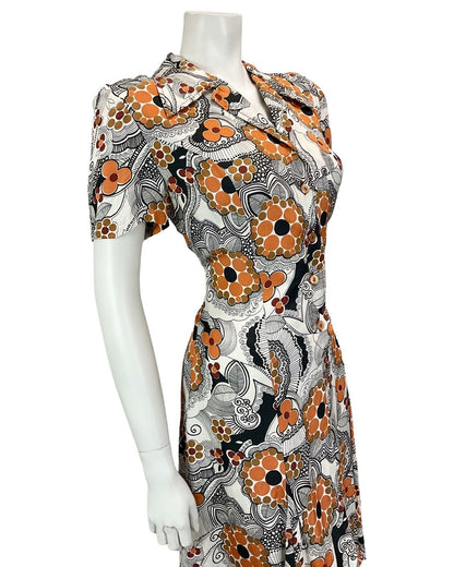 VINTAGE 60S 70S WHITE ORANGE BROWN BLACK FLORAL PSYCHEDELIC MOD DRESS 14