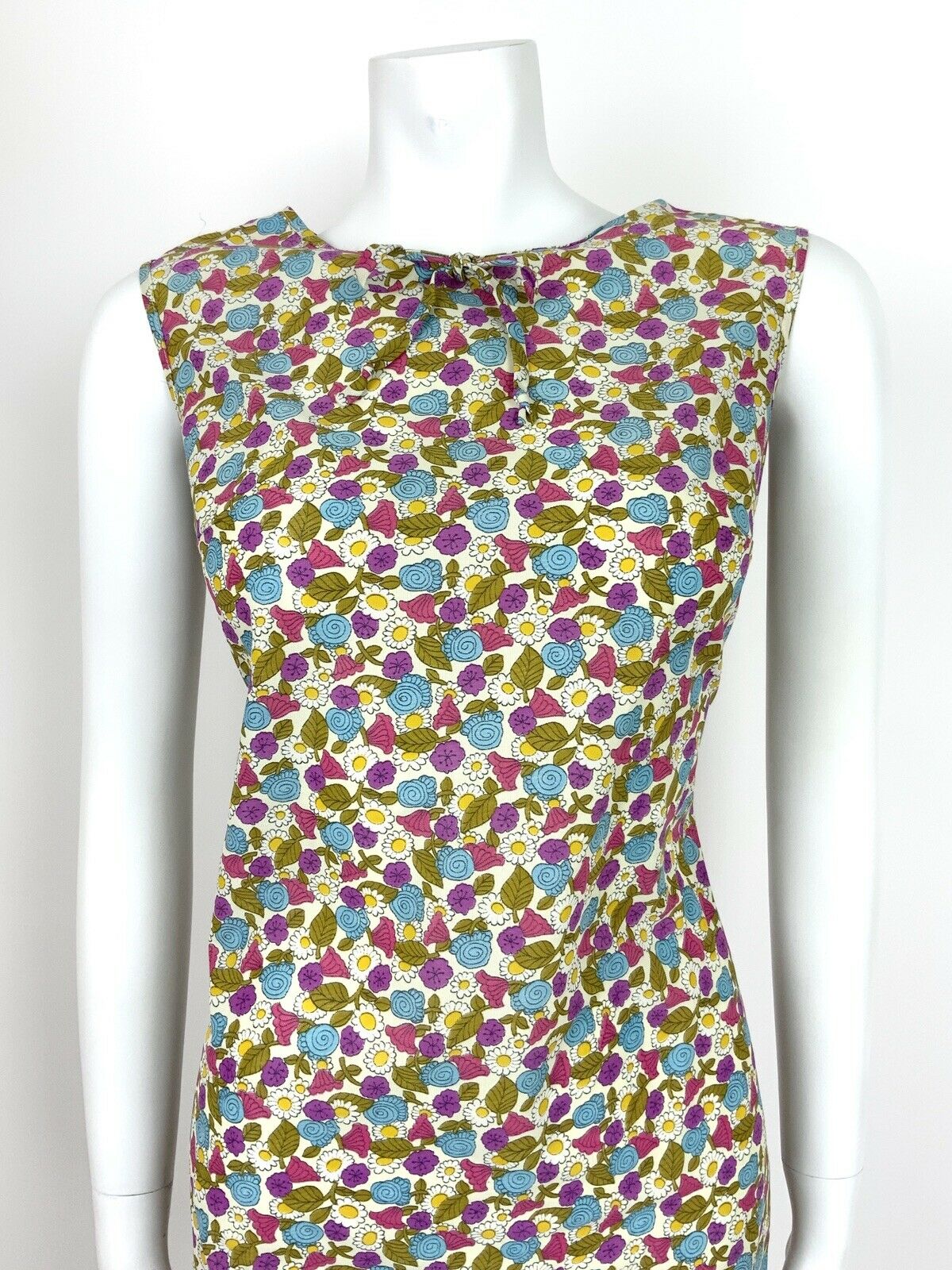 VTG 60s 70s FLORAL DAISY DITSY WHITE BLUE PURPLE PINK SUMMER DAISY DRESS 8 10