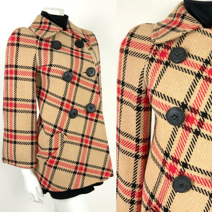 VINTAGE 60s 70s BEIGE BLACK RED PLAID CHECKERED SWING COAT 8 10