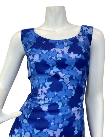 VINTAGE 60s 70s BLUE NAVY FLORAL ABSTRACT SLEEVELESS MAXI DRESS 10 12