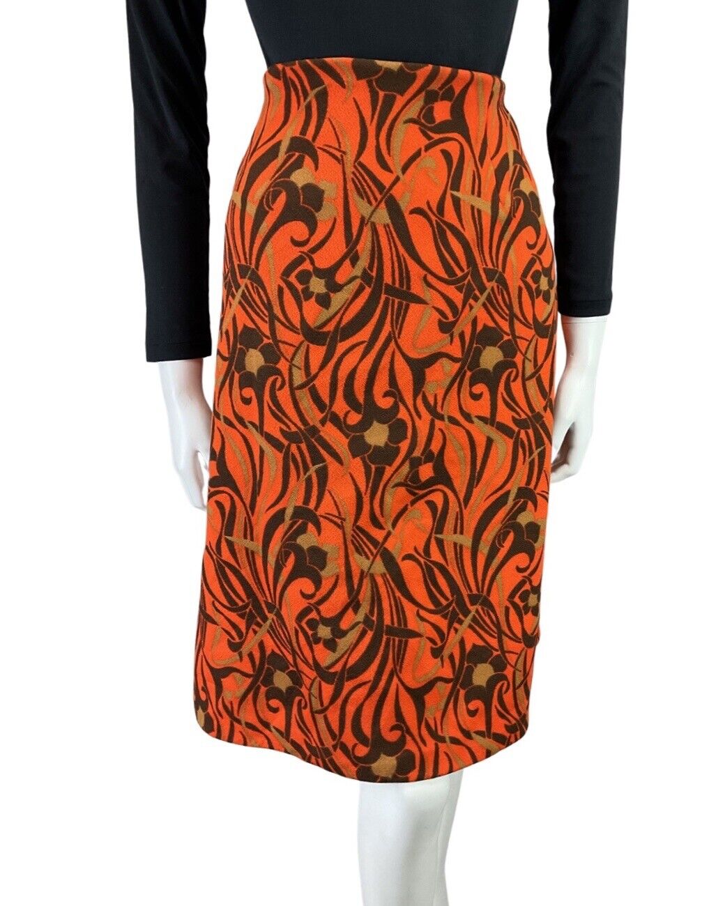 VINTAGE 60s 70s ORANGE BROWN GOLD PSYCHEDELIC SWIRL FLORAL MOD MIDI SKIRT 12