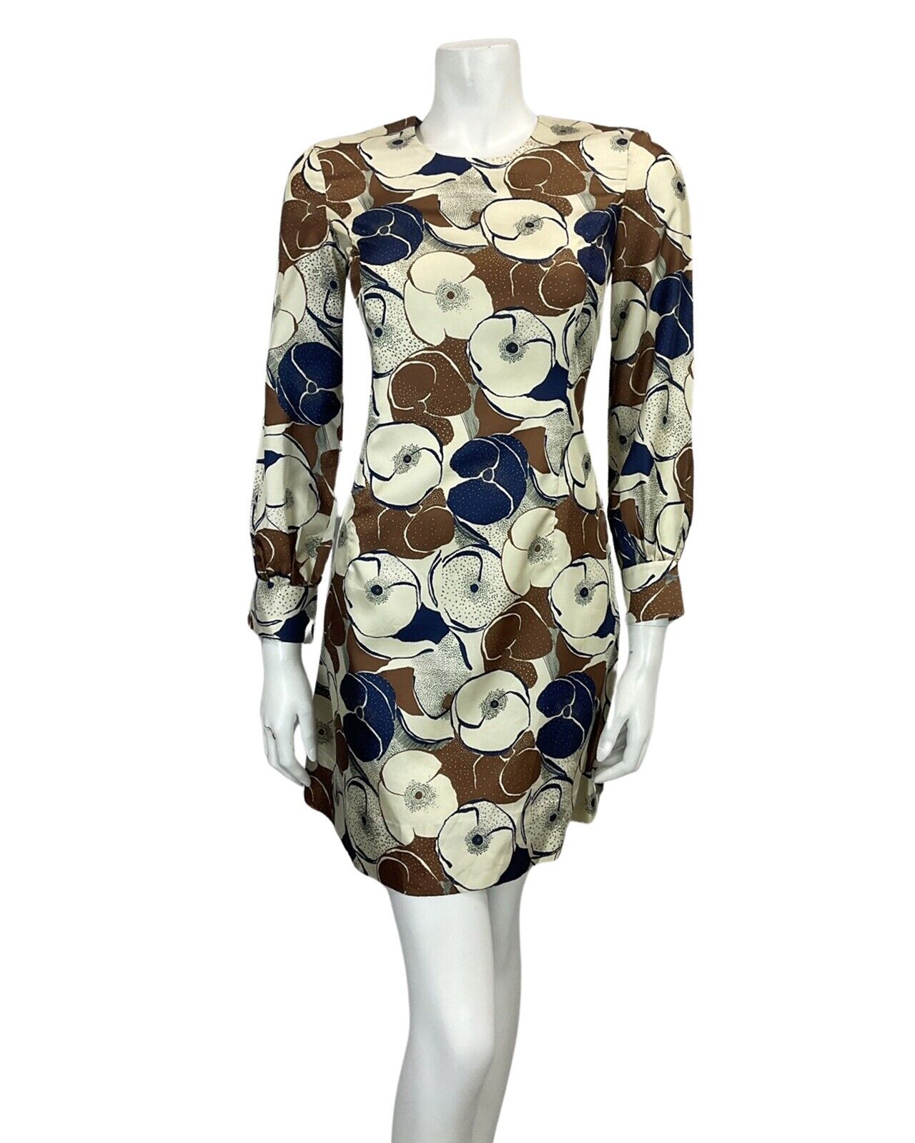 VINTAGE 60s 70s BEIGE BROWN NAVY FLORAL PRINT MOD MINI DRESS 8