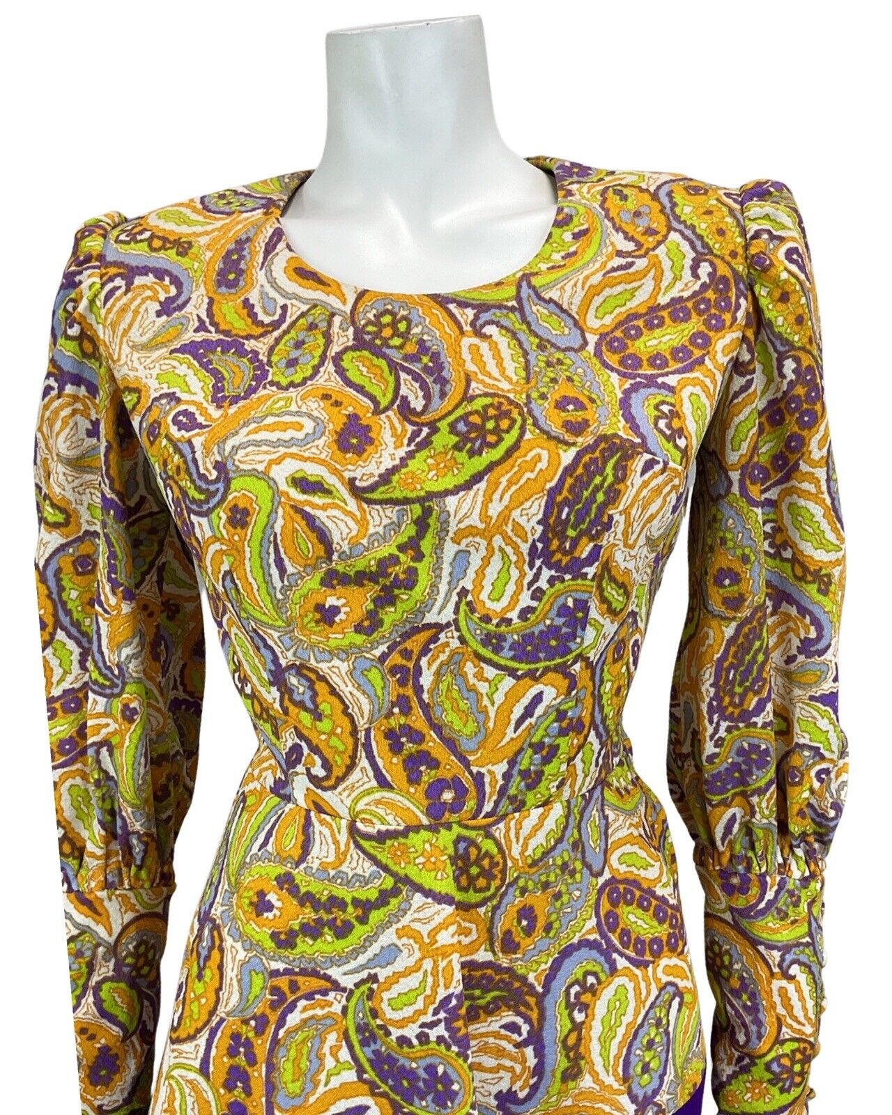 VTG 60S 70S WHITE ORANGE PURPLE GREEN PSYCHEDELIC PAISLEY PRINT MIDI DRESS 8 10