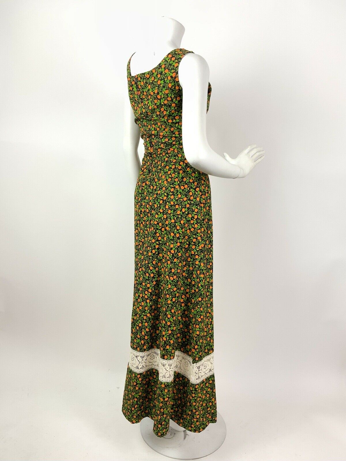 VTG 60s 70s GREEN ORANGE BLACK FLORAL DITSY LACE BOHO PRAIRIE MAXI DRESS 8 10