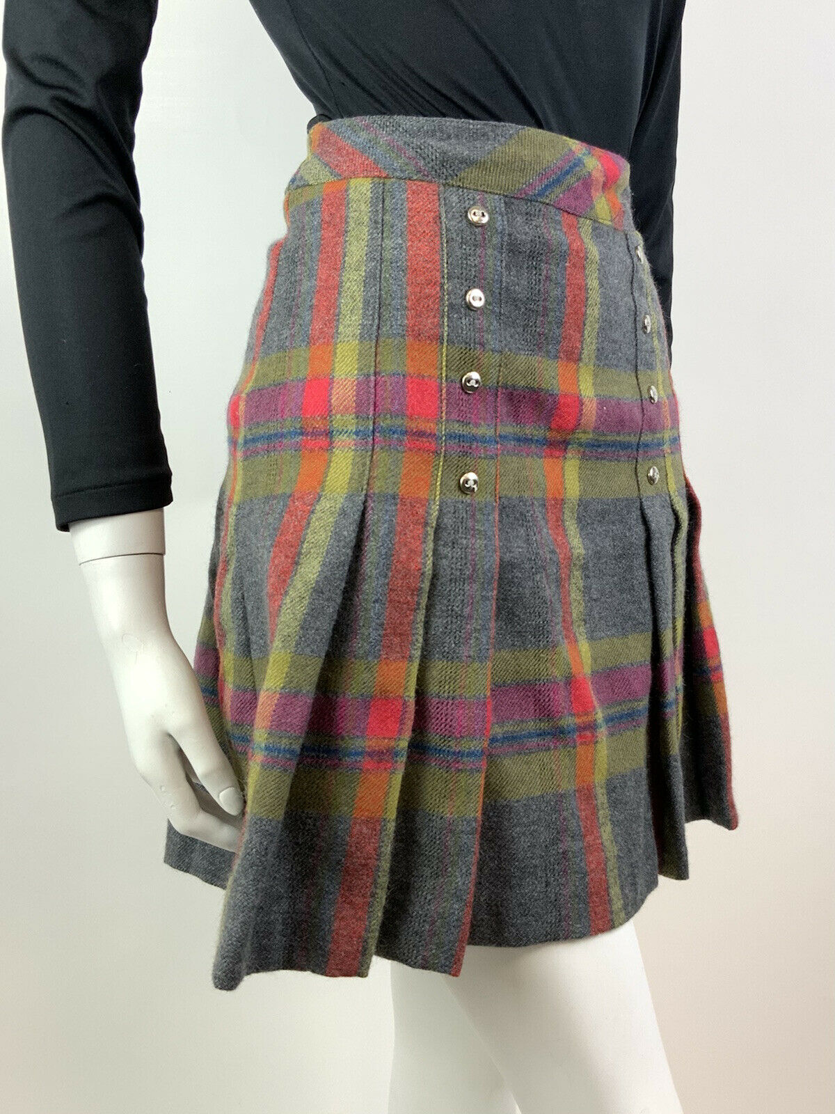 VINTAGE 60s 70s GREY YELLOW RED PLAID CHECKED MOD PREPPY PLEATED SHORT SKIRT 8