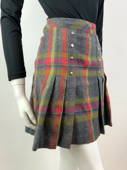 VINTAGE 60s 70s GREY YELLOW RED PLAID CHECKED MOD PREPPY PLEATED SHORT SKIRT 8