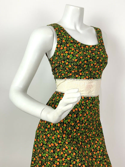 VTG 60s 70s GREEN ORANGE BLACK FLORAL DITSY LACE BOHO PRAIRIE MAXI DRESS 8 10