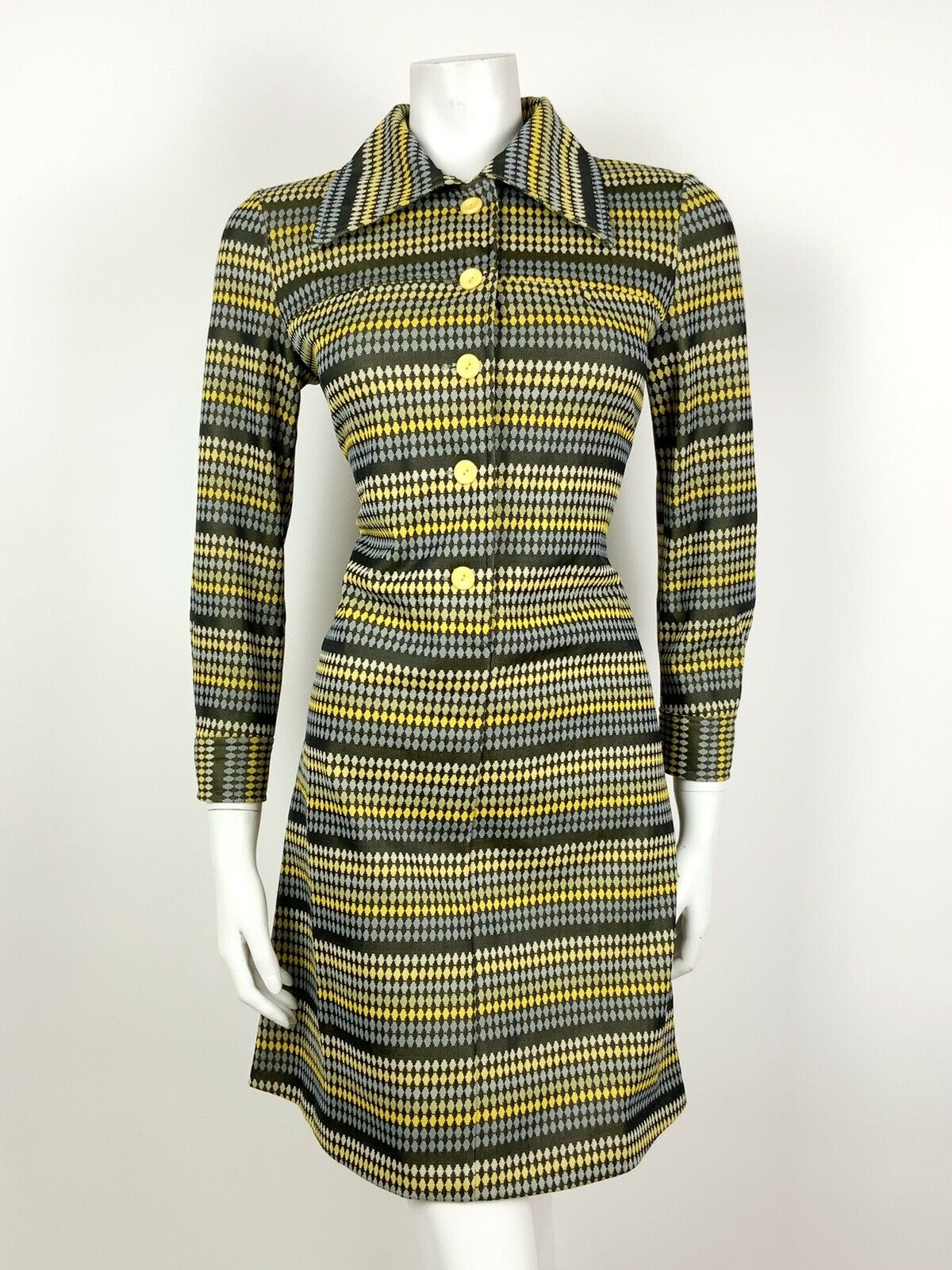 VINTAGE 60s 70s BLACK BLUE YELLOW STRIPED DOTTY DAGGER SHIRT SHIFT DRESS 8 10