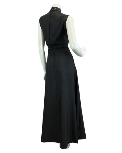 VINTAGE 60s 70s BLACK DIAMANTE HIGH NECK DISCO PARTY EVENING  MAXI DRESS 12 14