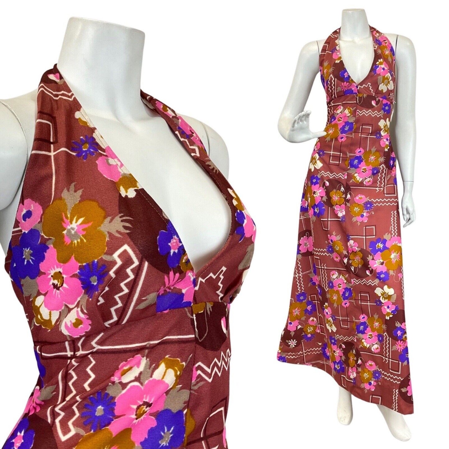 VINTAGE 60s 70s BROWN PINK PURPLE FLORAL GEOMETRIC MOD HALTER MAXI DRESS 10 12