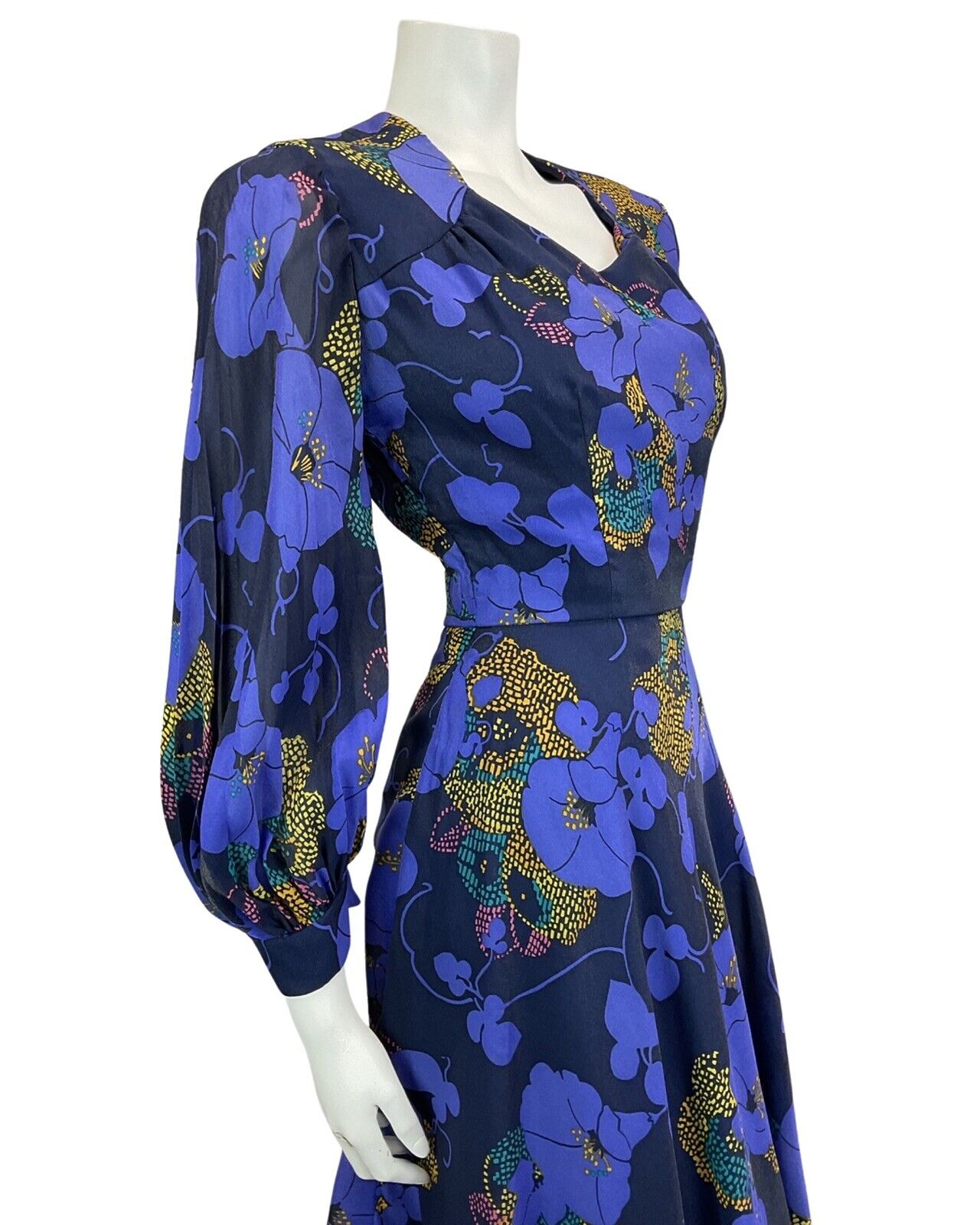 VINTAGE 60s 70s BLUE NAVY GOLD FLORAL PRINT FLOATY BOHO DISCO MOD DRESS 8