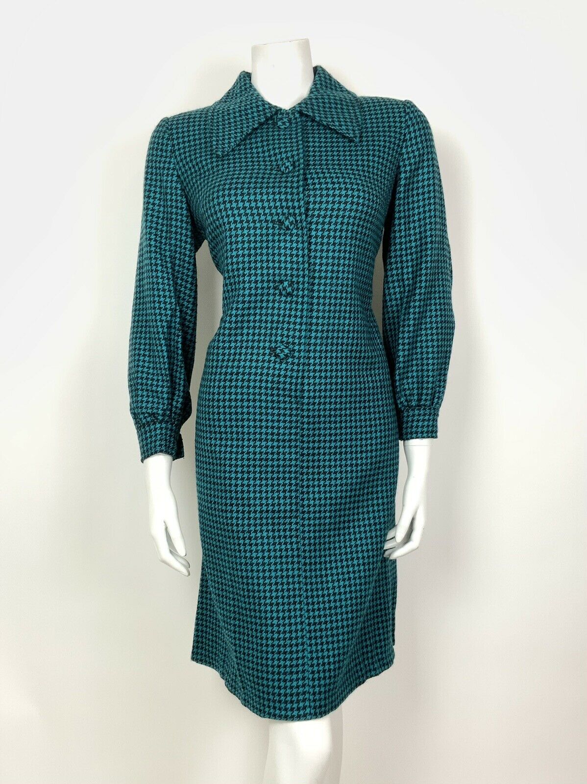 VTG 60s 70s PINE GREEN BLACK DOGTOOTH DAGGER COLLAR SHIRT SHIFT DRESS 8 10 12