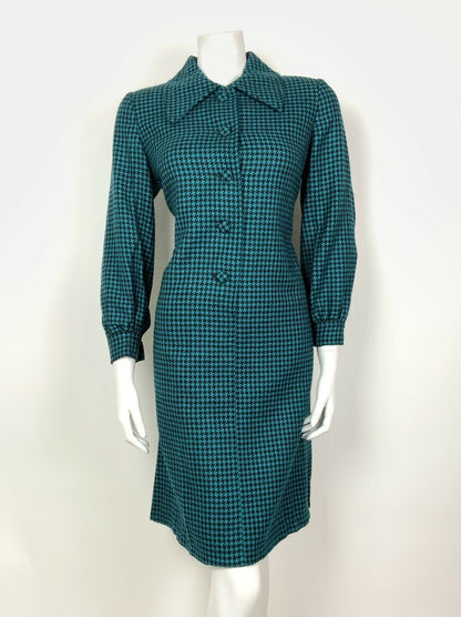 VTG 60s 70s PINE GREEN BLACK DOGTOOTH DAGGER COLLAR SHIRT SHIFT DRESS 8 10 12