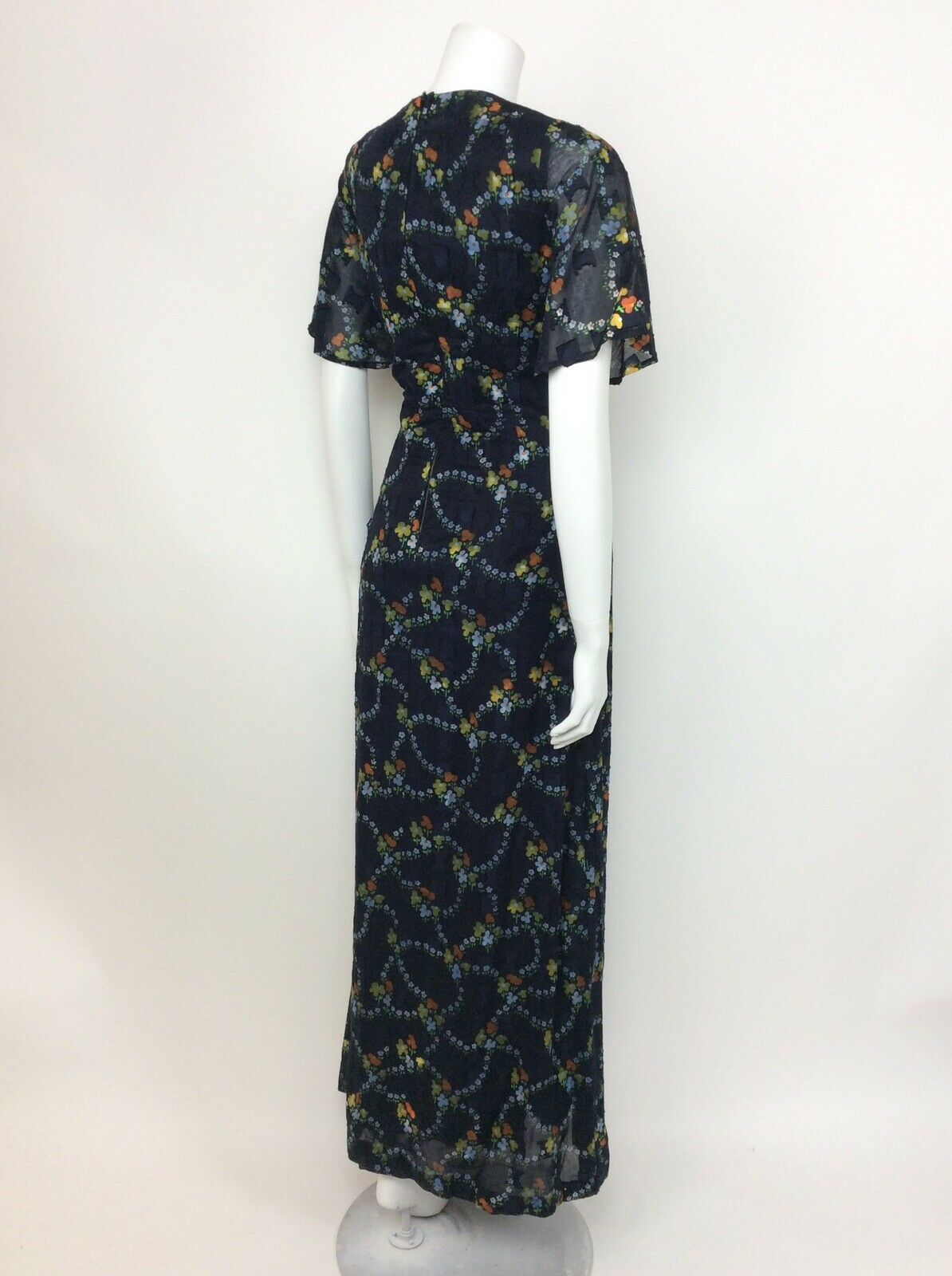 VINTAGE 60s 70s BLUE FLORAL DITSY ORANGE YELLOW GREEN SHEER MAXI DRESS 10 12